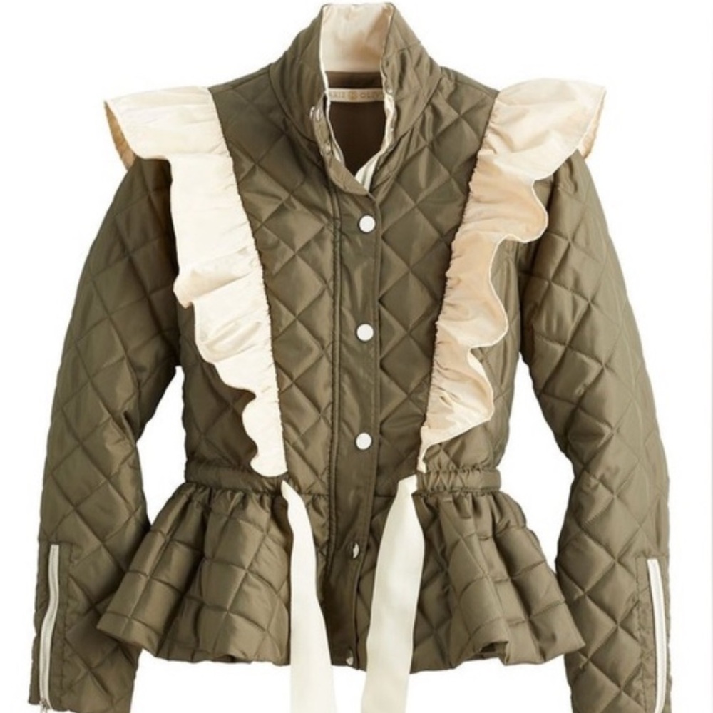 Chic Olive Quilted Jacket with Ruffle Detail